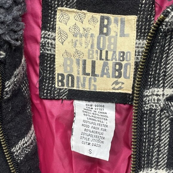 Billabong Coat Women's Black White Plaid Wool Blend Hooded Faux Fur Jacket Small - Picture 7 of 11